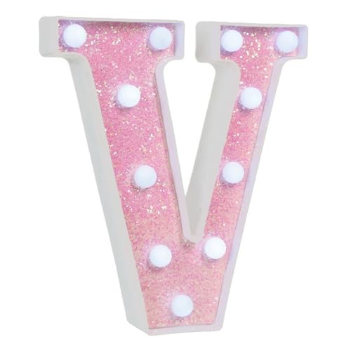 Image of Pink Glitter Marquee Light Up Letters, Battery Operated LED Letter Lights Signs for Pink Birthday Party Table Decorations, Wall Decor for Girls Bedroom, Initial Letter V with Cool White Lights