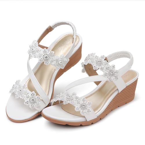 Image of SHIBEVER Wedge Sandals for Women Dressy: Summer Open Toe Low Platform Wedges Sandals Elastic Ankle Strap Flower Comfortable Casual Shoes