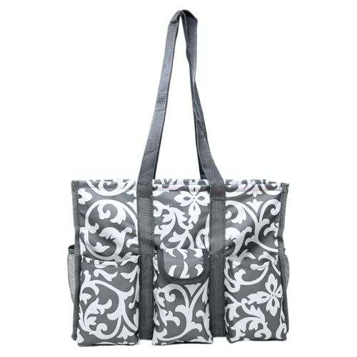 Lucazzi Utility Tote Bag with Zipper Top - Large Multipurpose Organizer Bag for Teachers, Nurses, Work, Students, Knitting, Crafts - Tote Organizer with Multi-Compartment Pockets -Damask Gray