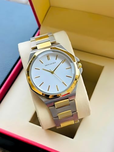 Image of AMERICANVIBER Modern Analog Watch, Silver and Black Two-Tone Stainless Steel Band, Octagonal Case, White Dial for Men
