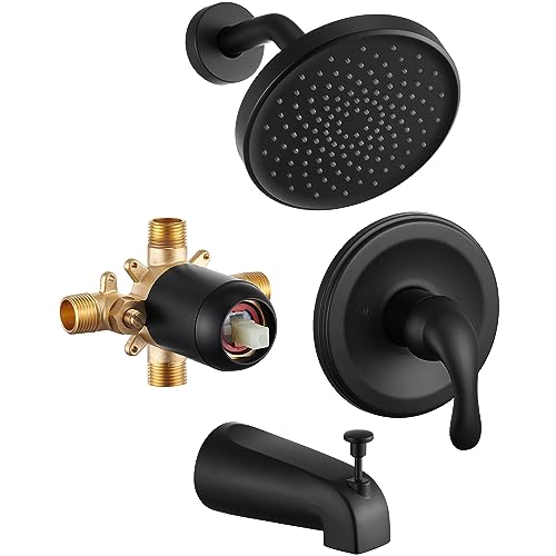 FROPO Black Tub Shower Faucet Set - 6 Inch Black Shower Head and Handle Set, High Pressure Bathtub Shower Faucet Set with Rain Shower Head and Tub Spout Single-Spray, Pressure Balancing Valve Included
