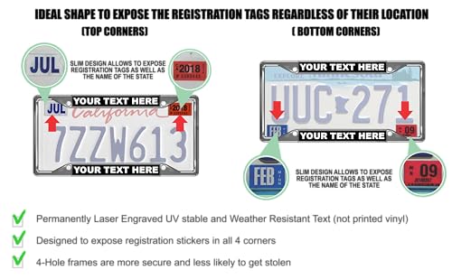 Image of Personalized with Custom Text Design - 4 Hole Black Metal Laser Engraved US Standard Size - Car License Plate Frame with Free caps - Black /Red Text (Qty: 1 Frame)