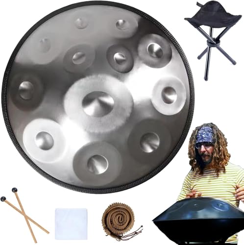 22インチ Dマイナーハンドパンドラム、9/10/12ノートスチールドラムパーカッション楽器、432Hz / 440Hzハンドパン、ソフトハンドパンバッグ、マレット、ハンドパンスタンド付き、プロのパフォーマンス用 A 12 Notes(432HZ)