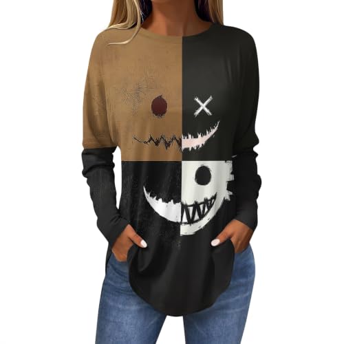 Halloween Tops for Women Long Sleeve Pumpkin Face Print Color Block Shirts