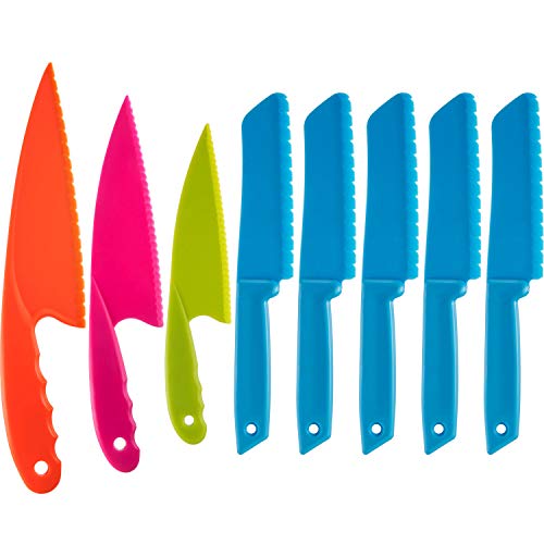 JOVITEC 8 Pcs Kid Cooking Kitchen Knife Set, Plastic Serrated Edges Children's Safe Chef Nylon Knives for Cutting Fruit Bread Cake Salad Lettuce Kids Cooking Supply(Blue Square Knife)