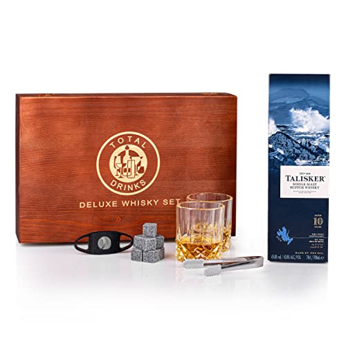 Talisker 10 Year Old Single Malt Scotch Whisky Gift Set/Wooden Box/Classic Whisky Glass/8 pcs Whisky Stones/Tongs/Cigar Cutter/Gift for Mum or Dad/Best Man/Birthday/Anniversary/Corporate/Men/Women