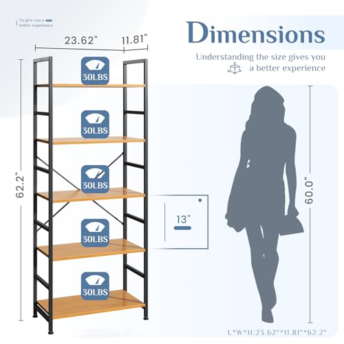 DUMOS 5 Tiers Bookshelf, Classical Book Shelf, Tall Display Shelves in Living Room/Home/Office, Storage Organizer for CDs/Books/Movies, Wood by DUMOS - Image 3