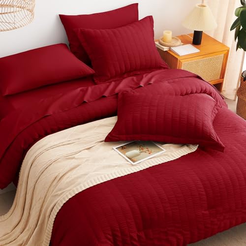 Image of CozyLux Full Size Comforter Sets Dark Red, 7 Pieces Seersucker Textured Luxury Bed in a Bag, All Seasons Soft Bedding Sets with Down Alternative Comforter, Sheets, Pillowcases & Shams, Bedroom Bed Set