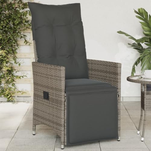 QZZCED Poltrona reclinabile da giardino con cuscini in rattan sintetico grigio, mobile esterno regolabile con schienale e poggiapiedi - struttura robusta in acciaio e fodere estraibili