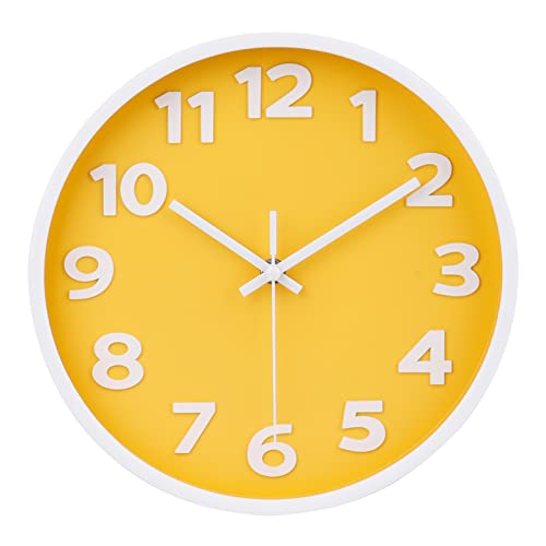 10 Inch Yellow Modern Wall Clock Silent Non-Ticking Battery Operated Wall Clocks For Home Office School Decor,3D Numbers Easy To Read #TOP1