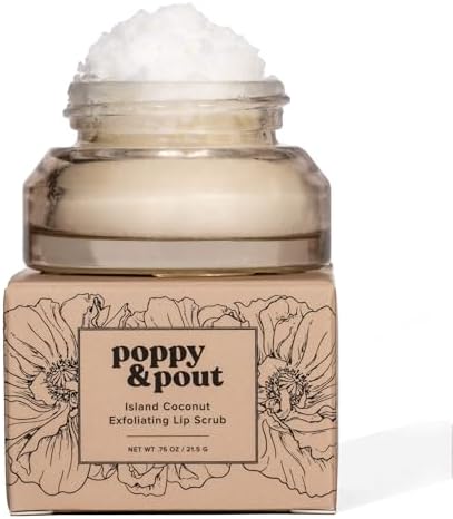 Poppy & Pout Natural Lip Scrub, Moisturizing Sugar Scrub for Dry Lips, Lip Scrubber Exfoliator with Essential Oils Smooths and Hydrates Lips, In Recyclable Glass Jars, Cruelty Free - Island Coconut