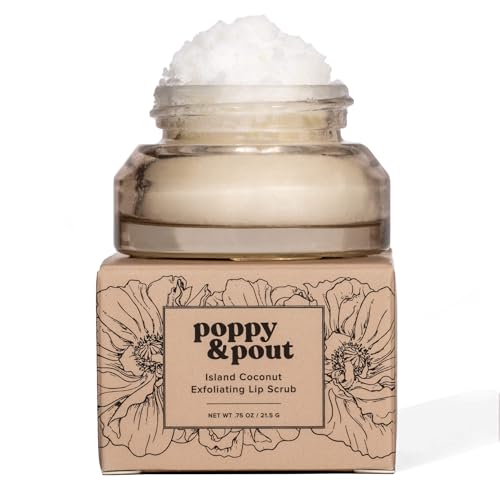 Poppy &amp; Pout Natural Lip Scrub, Moisturizing Sugar Scrub for Dry Lips, Lip Scrubber Exfoliator with Essential Oils Smooths and Hydrates Lips, In Recyclable Glass Jars, Cruelty Free - Island Coconut