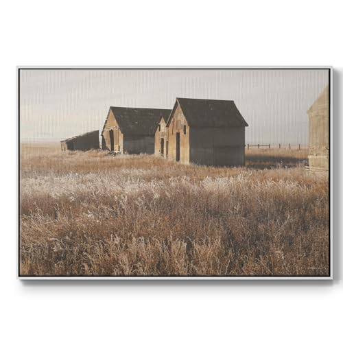 Renditions Gallery Floater Framed Wall Art for Home Decor The Old Farm Houses Canvas Artwork for Bedroom Office Kitchen - 17"X25" White Frame GAL007