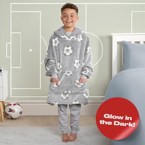 OHS Blanket Hoodie Kids Teenagers Boys Hooded Blanket Football Glow in the Dark Sherpa Fleece Wearable Blankets Oversized Hoodie Kids Big Jumper Football Gifts for Boys, Grey - One Size - Image 3