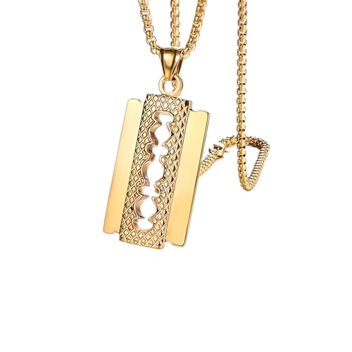 LUSSO 14K Yellow Gold Gothic Punk Razor Blade Necklace For Men, Barber Razor Pendant Necklace - Golden Man Razor Chain, Unisex Razor Necklace For Halloween