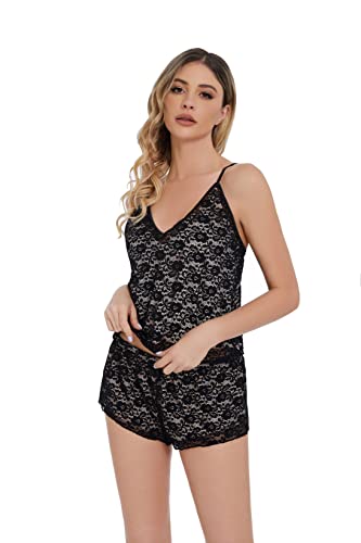 Aceahiha Lace Mesh Women's Cami Pajamas Set V-Neck Sleeveless Tops And Shorts Set Two Piece Adjustable Strap Sleepwear(As1, Alpha, Xx_L, Regular, Regular, Black) #TOP5
