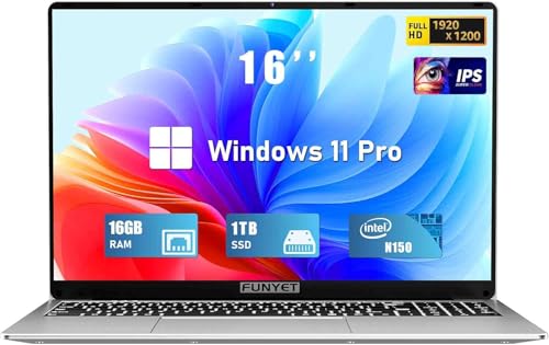 Image of FUNYET Laptop Computer, Gaming Laptops 2026, 16 Inch Lap Top PC Windows 11 Pro, 16GB RAM 1TB SSD, Intel N150 Processor(up to 3.6GHz), Office 365, Backlit Keyboard, 2-Year Warranty