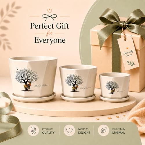 Image of Xtore Graceful Tree Motif Ceramic Planter Pots Set of 3 with Drainage Tray | Decorative Indoor Plant Holders for Living Room, Balcony & Office Desk Styling (Cream, 16.7 /14 /11 cm)