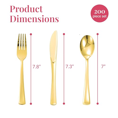 Prestee 200 Pieces Pre Rolled Gold Plastic Silverware Set for 50 Guests - Premium Disposable Silverware Set with Napkins - Wrapped Utensils with Forks, Knives, Spoons, Napkins for Weddings and Events
