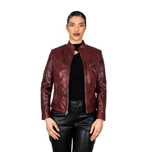 BRICK LANE Mandarin Collar Fitted Leather Jacket for Women | Genuine Lamb Nappa Leather Jacket with Zip Pockets (US, Alpha, 3X-Large, Regular, Regular, Burnish Red)