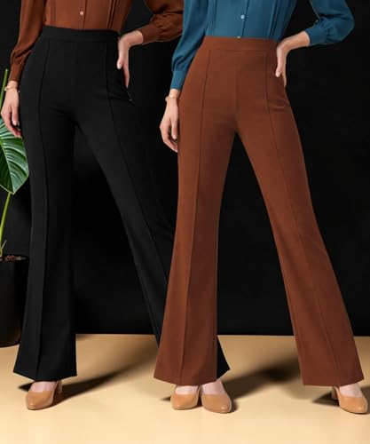 Image of Women Solid Flared Trousers Pack of 2 | High Waist Stretchable Office Pants for Women | Formal Bell Bottom Palazzo Trouser Combo