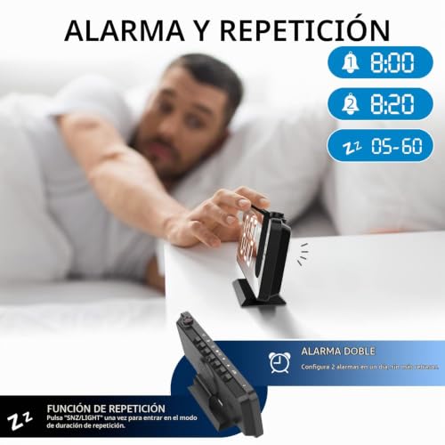 Miniatura 5 de Lancoon Reloj Despertador Digital Proyección En Techo Pantalla De Espejo Led 4 Dimmers Snooze Doble Ajuste De Alarma Para Dormitorio Lado De La Cama Oficina Salida De Carga Usb Negro-Blanco