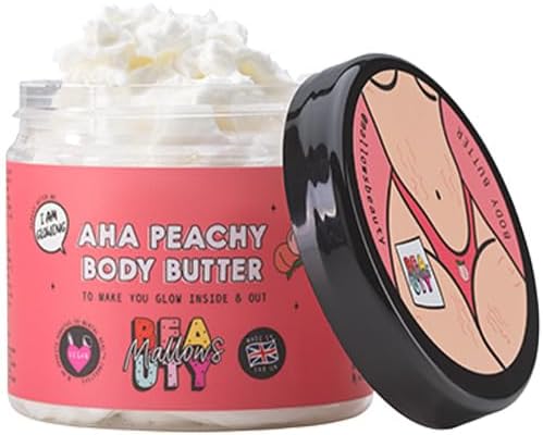 Shea Body Butter with Essential Oils, Vitamin A, Vitamin E, and Shea Butter, Gently Exfoliates and Brightens Skin, Vegan, 180g (AHA Peachy)