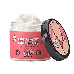 Mallows Beauty AHA Peachy Shea Body Butter, with Essential Oils, Vitamin A,Vitamin E, and Shea Butter, Gently Exfoliates and Brightens Skin, Vegan, 180g