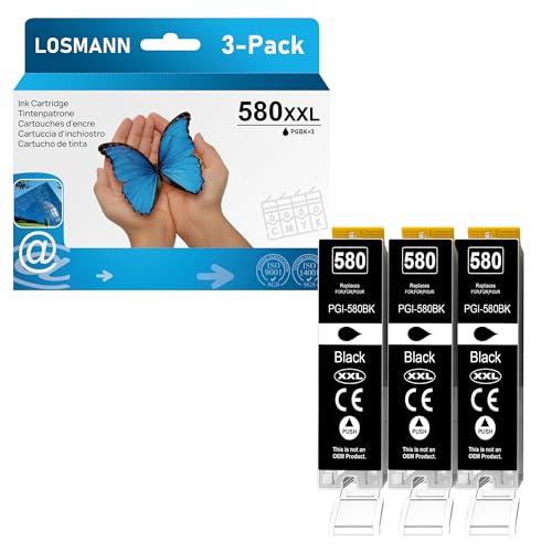 LOSMANN 3X Negro Cartuchos de Tinta Compatibles para Canon PGI 580 XXL PGBK para Pixma TS6350 TS6150 TS8150 TS8250 TS6250 TS705 TS705a TS8151 TS6151 TS8152 TS8300 TS9150 TS9155 TS9550 TR7550 TR8550