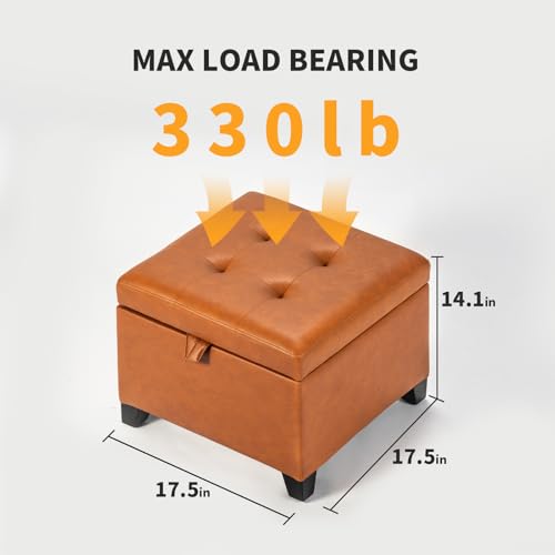 Adeco Small Faux Leather Storage Ottoman with Hinged Lid, 14 Inch High Square Cube Foot Stool with Storage, Upholstered Vanity Stool with Solid Wood Legs for Living Room, Bedroom, Dorm (Warm Orange) - Thumbnail 3