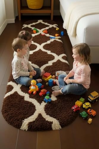 Image of Fluffy Silky Micro Fiber Polyster Carpet /Runner for Bedroom, Study Room, Playing Room, Guest Room ETC. 1.5x4 Feet, (Coffee and Ivory M II)