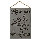 Letrero rústico de hojalata con texto en inglés 'All You Need is Love and Maybe A Little Ice Cream', 20.3 x 30.5 cm, extraño e interesante, letrero de metal vintage, pintura de hojalata, placa