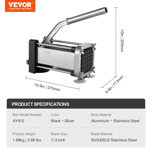 VEVOR French Fry Cutter, Potato Slicer with 1/2-Inch Stainless Steel Blade, Manual Potato Cutter Chopper with Suction Cups, Great for Potato, French Fries, Cucumber, Vegetables, Carrot by VEVOR - Image 7