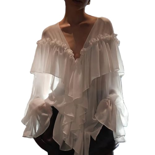 Ruffle Blouse for Women Sexy Sheer Tie Front Chiffon Shirt Long Sleeve Loose Fit Flowy Coquette Top Streetwear