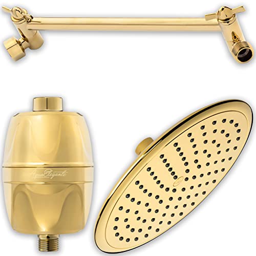 Waterfall Shower Head + Filter + Extension - 9 Inch Large Luxury Rain Showerhead With Water Filter To Remove Chlorine And Adjustable Extender Arm, 2.5 Gpm - Polished Brass #TOP13