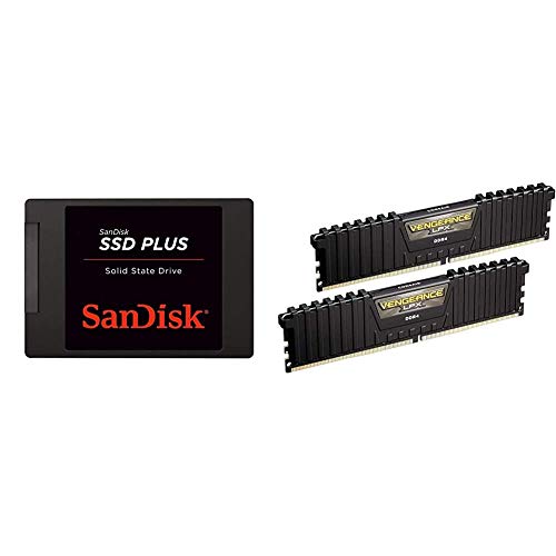 SanDisk SSD Plus 1TB Internal SSD - SATA III 6 Gb/s, 2.5%22/7mm - SDSSDA-1T00-G26,Black & Corsair Vengeance LPX 16GB (2x8GB) DDR4 DRAM 3000MHz C15 Desktop Memory Kit - Black (CMK16GX4M2B3000C15)
