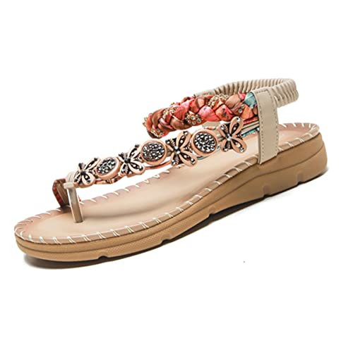 HNGHOU Women's Summer Sandals Casual Comfortable Flip Flops Beach Shoes Elastic Flat Sandals for Women (Apricot, 9.5)