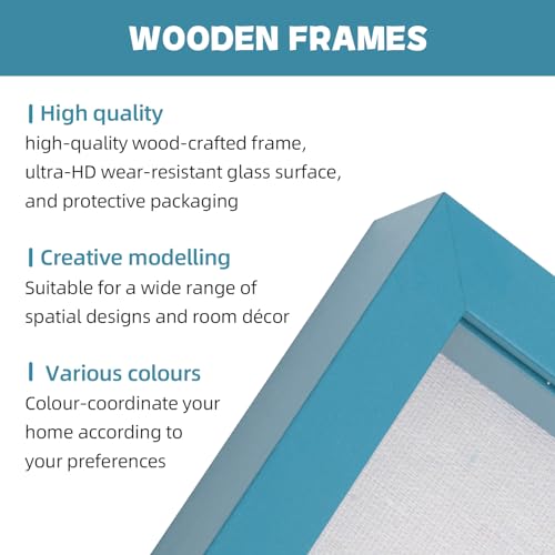 Muzilife 8x8 Shadow Box Picture Frame with Linen Board - Deep Wood & Glass Display Case to Hang Memory Box Baby Sports Memorabilia, Pins, Awards, Medals, Wedding, Tickets and Photos, Teal
