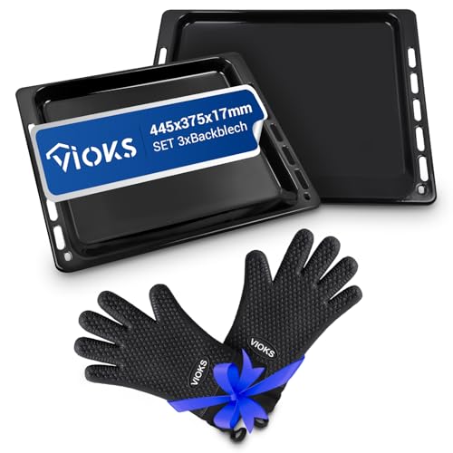 VIOKS Set 2x Ofen Backblech 445х375х18mm Ersatz für Bаuknecht 481010539881 + 2x Grillhandschuhe Hitzebeständig aus Silikon & Emailliertes Backblech Rechteckig/Ofenbleche für Backofen