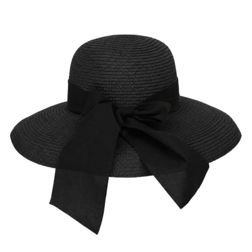 Image of Surblue Women's Beach Straw Hat, Wide Brim Sun Hat with Black Bow