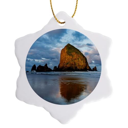 3dRose Haystack Rock in Cannon Beach, Oregon, USA 3 inch Snowflake Porcelain Ornament