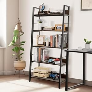 BATHWA 5 Tier Book Shelf, Rustic Industrial Ladder Bookshelf Wood Metal, Dark Brown Farmhouse 28'' Wide 59''Tall Ladder Shelf Living Room, Bedroom, Home Office BATHWA 5 Tier Book Shelf Rustic Industrial Ladder Bookshelf Wood Metal Dark Brown Farmhouse 28 Wide 59Tall Ladder Shelf Living Room Bedroom Home Office