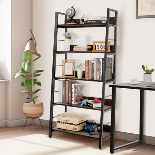 BATHWA-5-Tier-Book-Shelf-Rustic-Industrial-Ladder-Bookshelf-Wood-Metal-Dark-Brown-Farmhouse-28-Wide-59Tall-Ladder-Shelf-Living-Room-Bedroom-Home-Office BATHWA 5 Tier Book Shelf Rustic Industrial Ladder Bookshelf Wood Metal Dark Brown Farmhouse 28 Wide 59Tall Ladder Shelf Living Room Bedroom Home Office