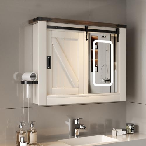 Ztexkee Spiegelschrank Bad mit Beleuchtung Hängend Scheunenschiebetür Badezimmer spiegelschrank mit Haartrocknerhalter und 3 Einstellbar Einlegeböden für Badezimmer,80x19x60 cm Off-White