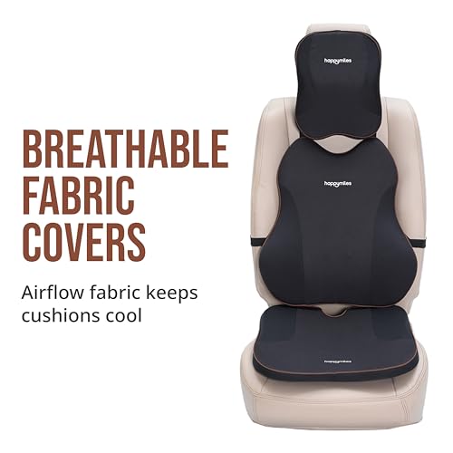 Image of Memory Foam Car Comfort Combo | 3 Piece Cushions Set (Backrest, Seat Cushion, Headrest) | Complete Orthopedic Travel Kit for Road Trips & Daily Commute (Black)