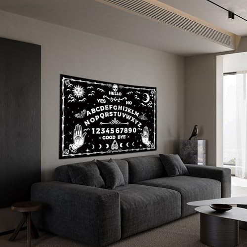 Honcet Gothic Ouija Board Black and White Tapestry, Tarot Horror Evil Eye Witch Sun Moon Skull Tapestry Wall Hanging, Spooky Mysterious Tapestry for Bedroom Living Room 24\" x 36 \" - Thumbnail 5