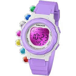 SOCICO Kids Digital Watches for Girls Boys, 5ATM Waterproof, 7 Color Lights Waterproof Watches for Kid with Alarm Stopwatch, Soft Band Wrist Watch Gifts for Kids Ages 5-12