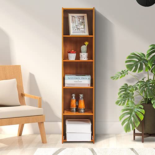 MoNiBloom-Narrow-5-Tier-Bookcase-Bamboo-Tall-Freestanding-Display-Storage-Shelves-Collection-Decor-Furniture-for-Home-Living-Room-Kitchen-Brown