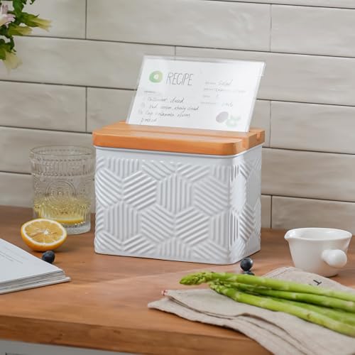 HOME PALETTE Recipe Box with Cards and Dividers Set 4x6 Recipe Holder for Kitchen Counter Metal White Hexagon Stripe Pattern Embossed Recipe Card Box with Wooden Grooved Lid