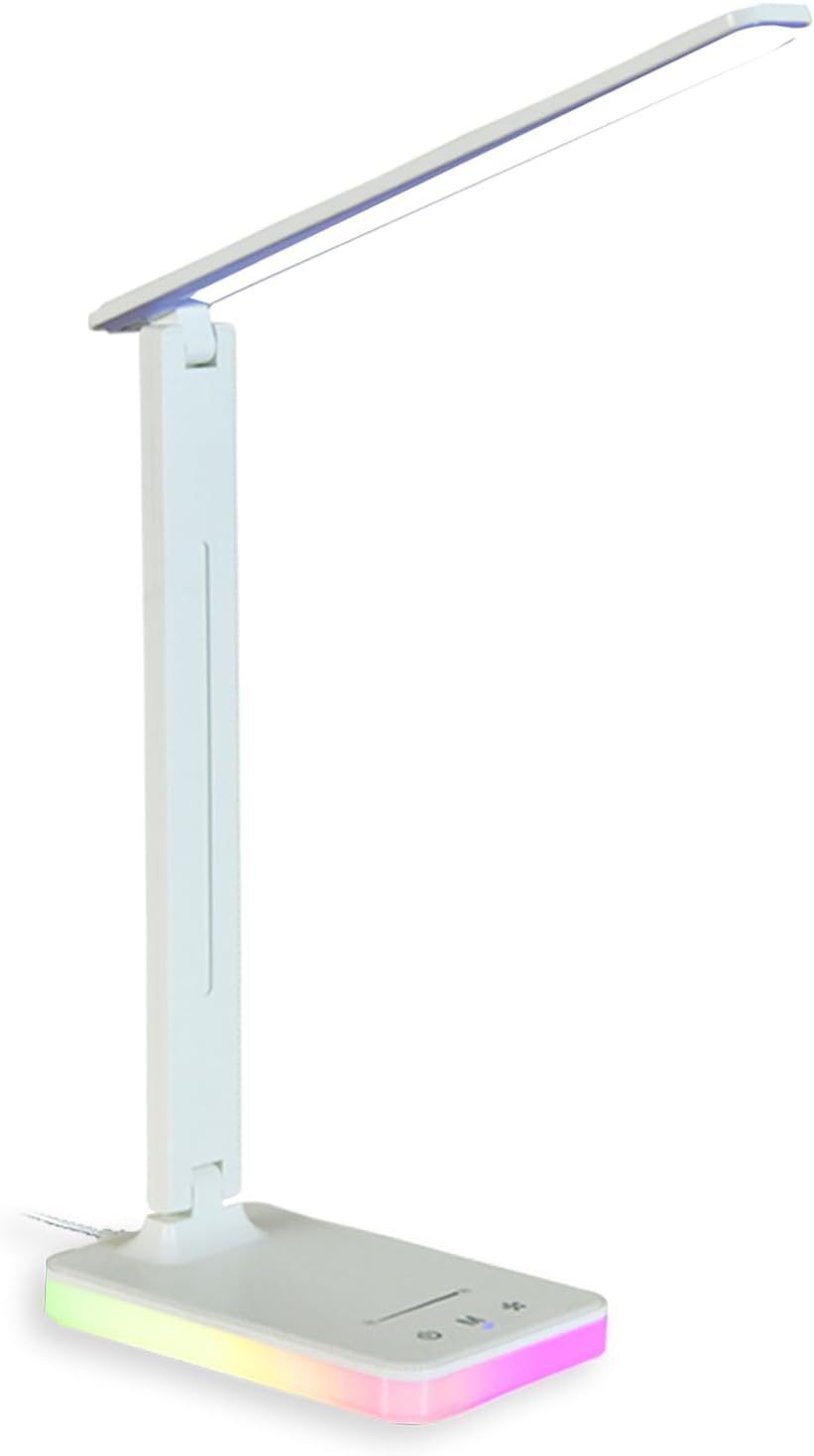 LED Desk Lamp with RGB Atmosphere Light, 5W USB Output, 5 Color Temp, Slide Steplessly Adjust Brightness, Touch Control, Foldable Table Light with Adapter (White)